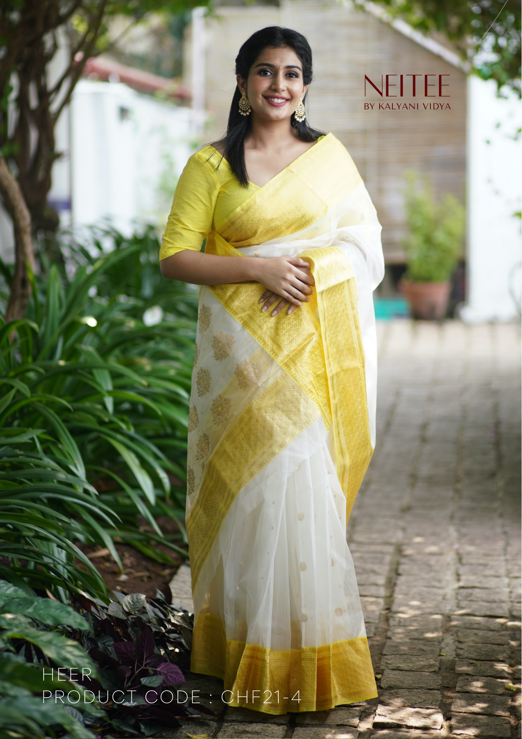 WHITE YELLOW CHANDERI ORGANZA SILK SAREE CHF21-4 - NEITEE