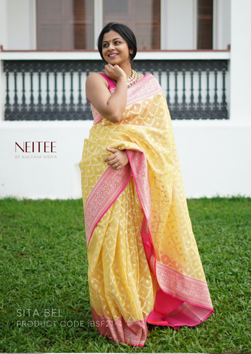 LIGHT YELLOW KORA SILK BANRASI SAREE BSF21-4 - NEITEE