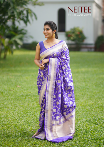 INDIGO BLUE BANARASI SILK SAREE WITH JAAL WORK BSF21-1 - NEITEE