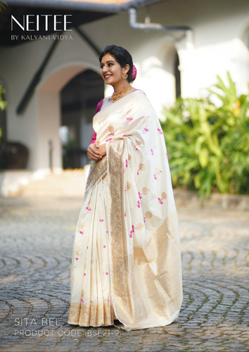 OFF WHITE BANARASI KATAN SILK SAREE BSF21-9 - NEITEE
