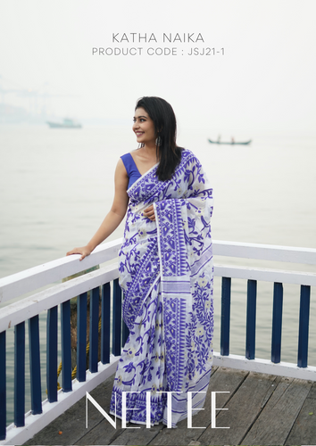 WHITE BLUE JAMDANI SAREE JSJ21-1 - NEITEE