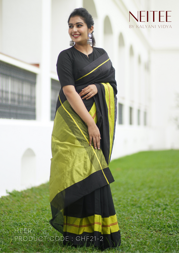 BLACK YELLOW CHANDERI SAREE IN COTTON SILK BLEND CHF21-2 - NEITEE
