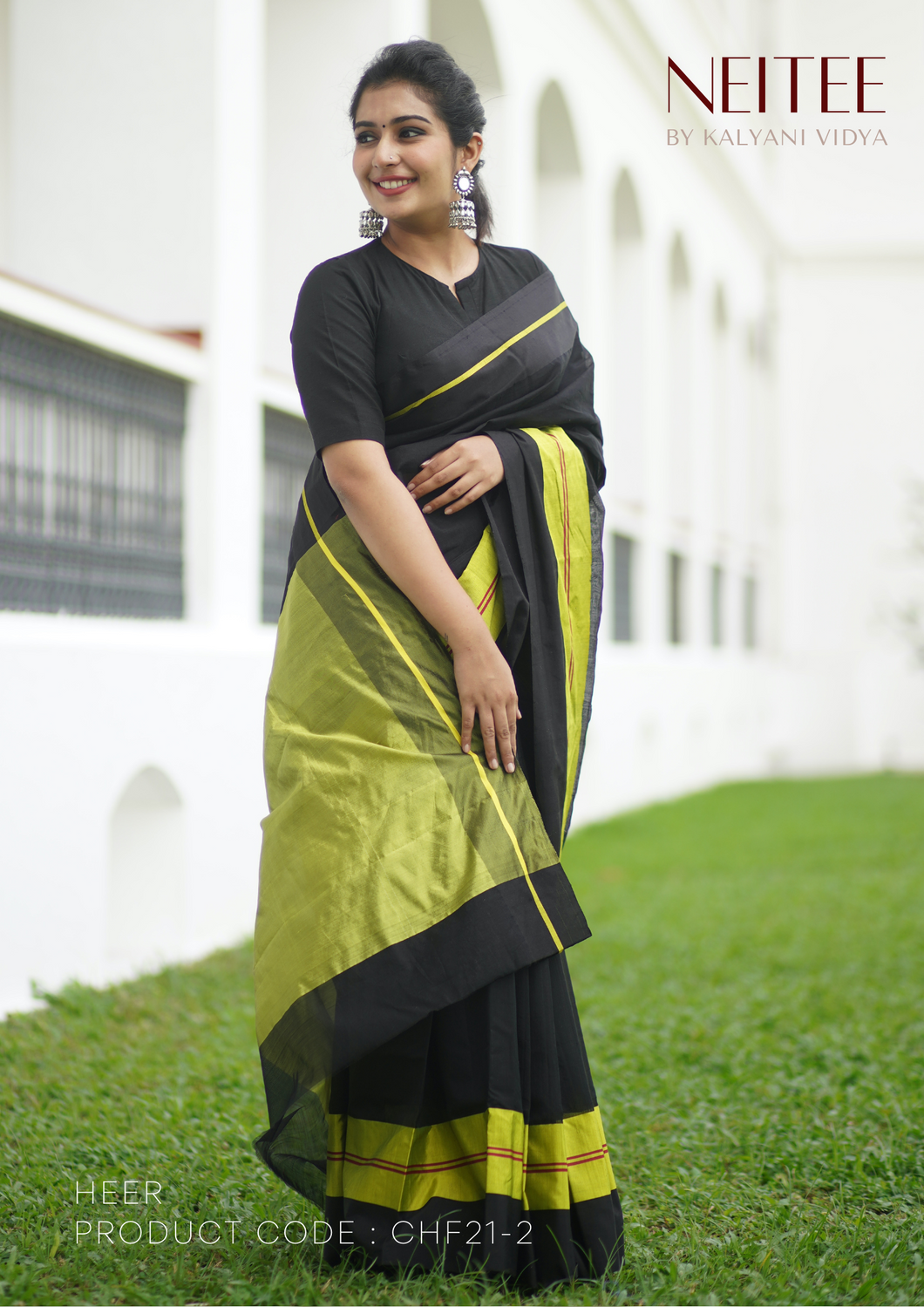 BLACK YELLOW CHANDERI SAREE IN COTTON SILK BLEND CHF21-2 - NEITEE