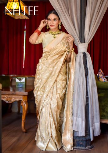 OFF WHITE BANARASI SILK SAREE WITH JAAL WORK BSA21-2 - NEITEE