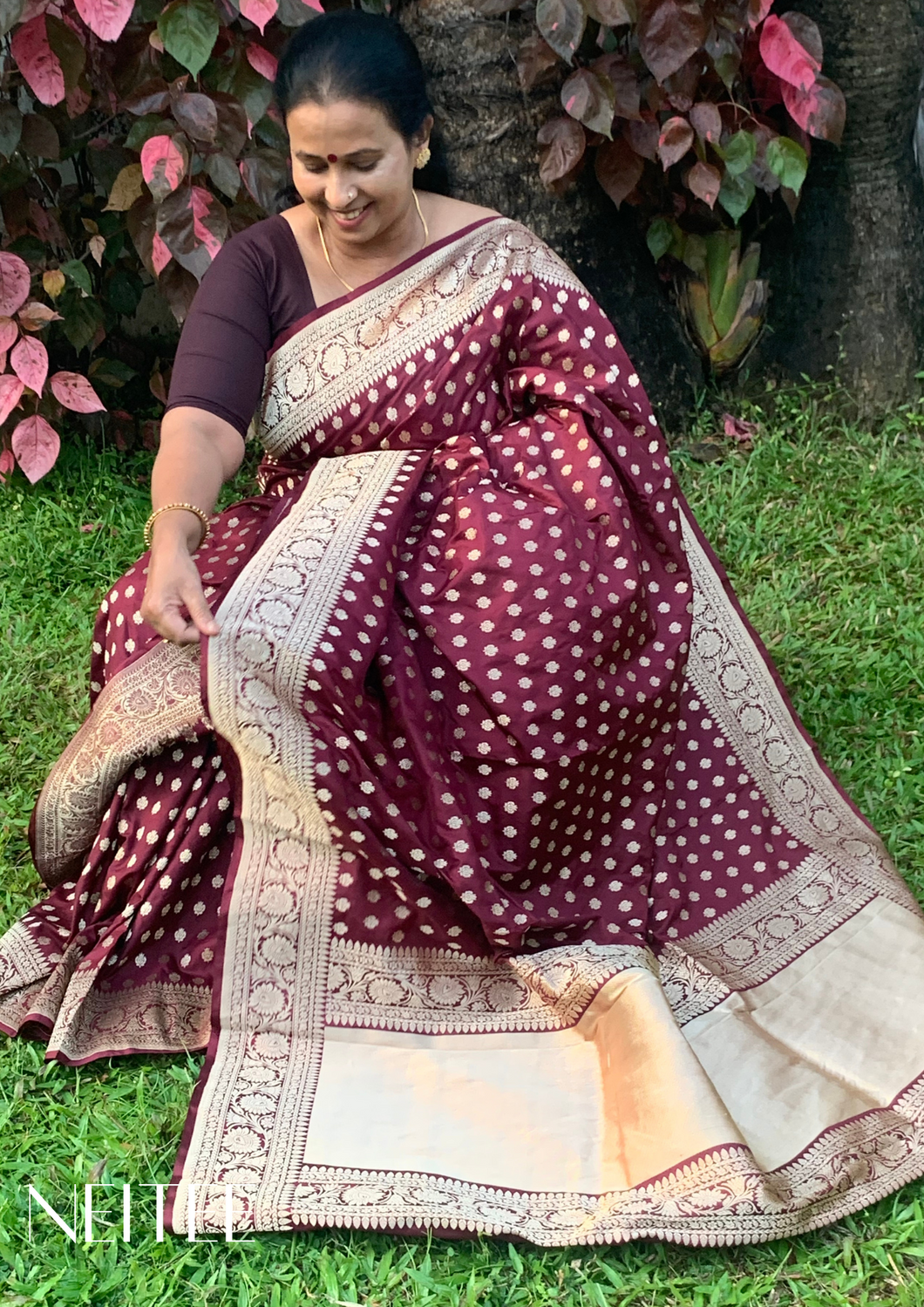 COFFEE BROWN BANARASI SILK SAREE WITH BOOTIS BSD21-1 - NEITEE